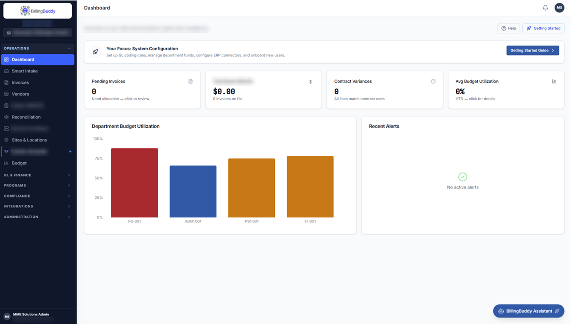 Billing Buddy dashboard with a department budget utilization chart, pending invoices, contract variances and recent alerts